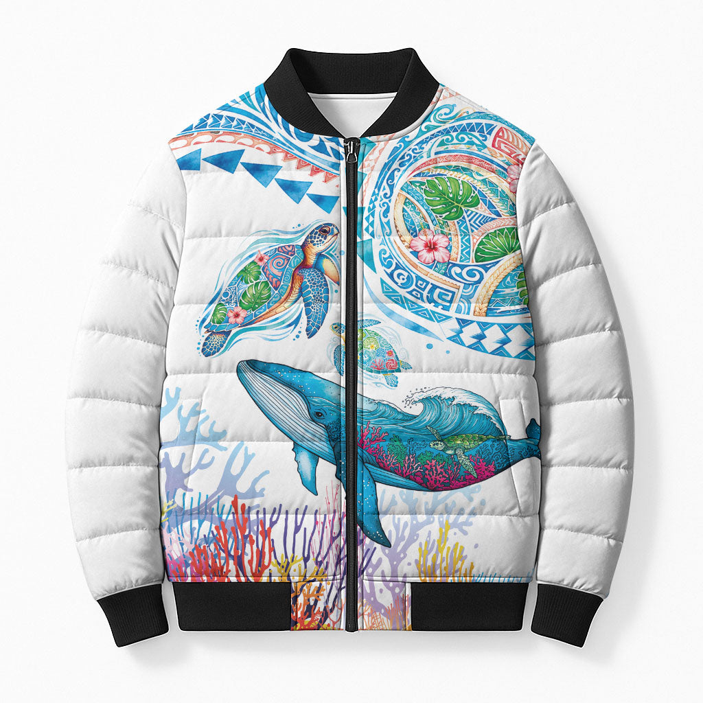 Hawaiian Turtles and Whales Bomber Puffer Jacket Polynesian Tropical Tattoo Ocean Style LT03 Unisex Multicolor - Polynesian Pride