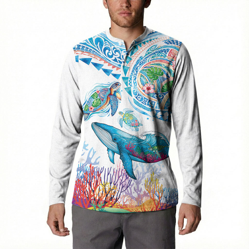 Hawaiian Turtles and Whales Button Sweatshirt Polynesian Tropical Tattoo Ocean Style LT03 - Polynesian Pride