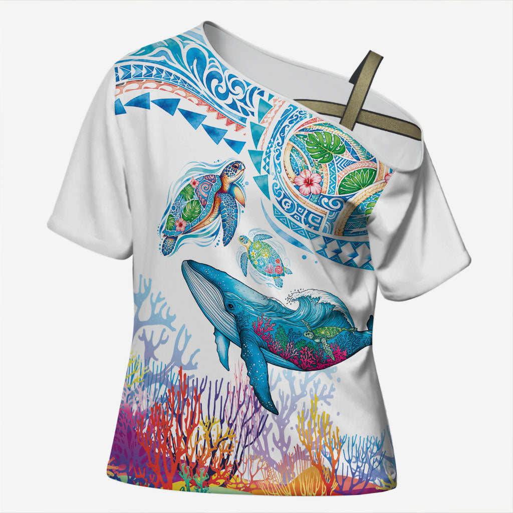 Hawaiian Turtles and Whales Cross Shoulder Shirt Polynesian Tropical Tattoo Ocean Style LT03 Female Multicolor - Polynesian Pride