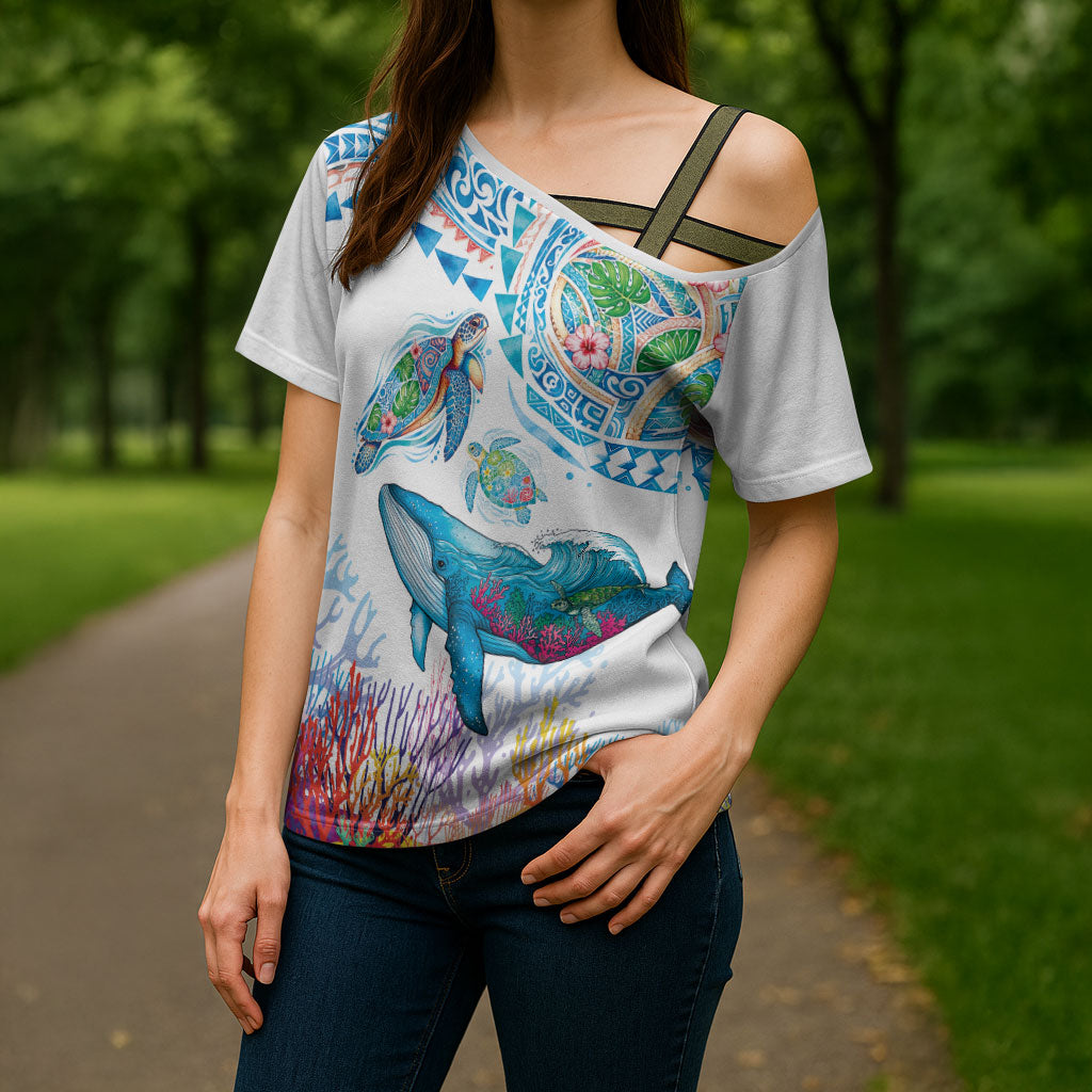 Hawaiian Turtles and Whales Cross Shoulder Shirt Polynesian Tropical Tattoo Ocean Style LT03 - Polynesian Pride