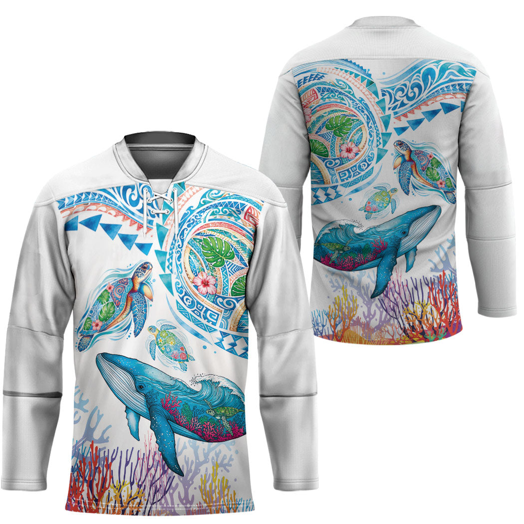 Hawaiian Turtles and Whales Hockey Jersey Polynesian Tropical Tattoo Ocean Style LT03 - Polynesian Pride