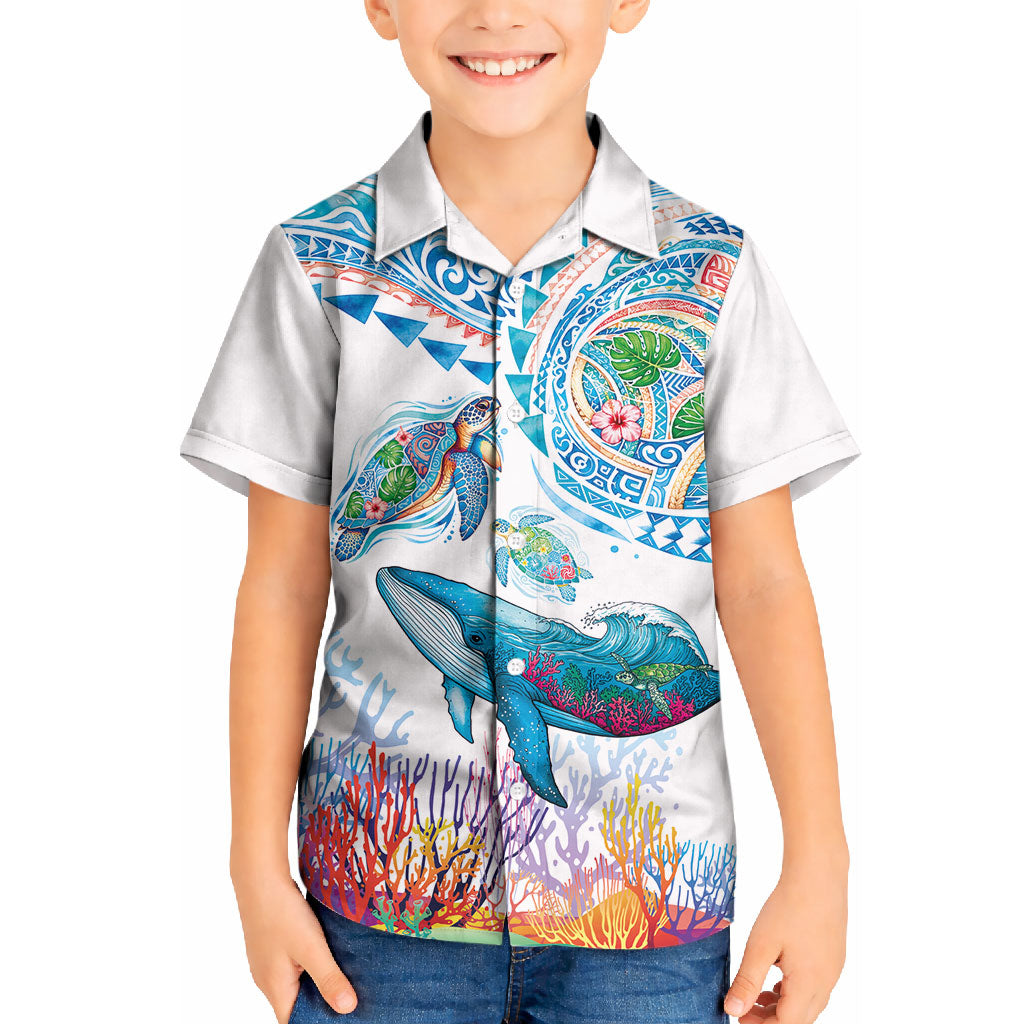 Hawaiian Turtles and Whales Kid Hawaiian Shirt Polynesian Tropical Tattoo Ocean Style LT03 Kid Multicolor - Polynesian Pride