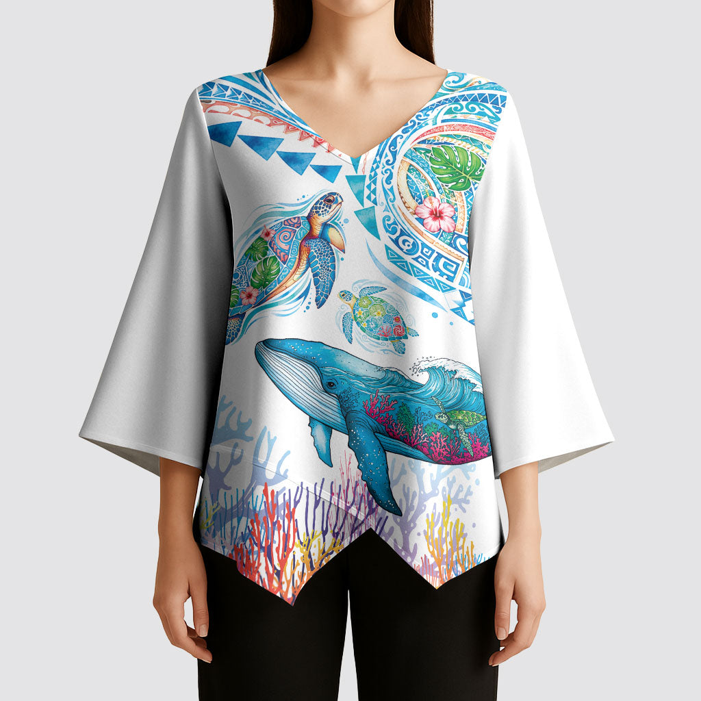 Hawaiian Turtles and Whales Kimono Sleeve Blouse Polynesian Tropical Tattoo Ocean Style LT03 - Polynesian Pride
