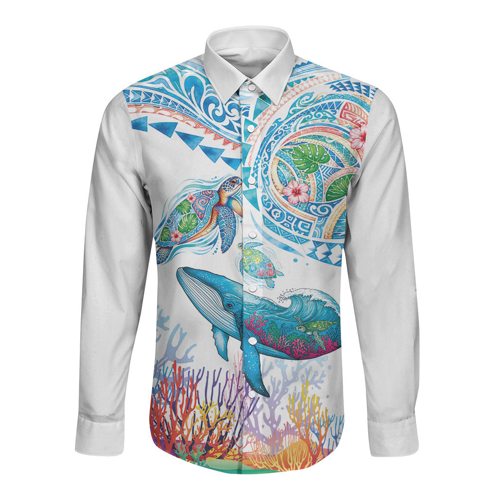 Hawaiian Turtles and Whales Long Sleeve Button Shirt Polynesian Tropical Tattoo Ocean Style LT03 Unisex Multicolor - Polynesian Pride