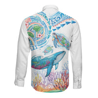 Hawaiian Turtles and Whales Long Sleeve Button Shirt Polynesian Tropical Tattoo Ocean Style LT03 - Polynesian Pride