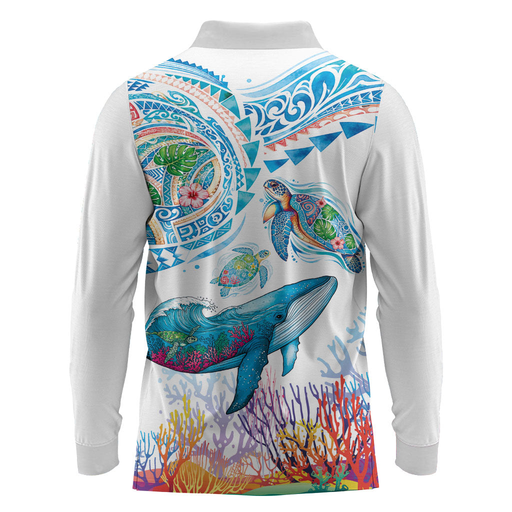 Hawaiian Turtles and Whales Long Sleeve Polo Shirt Polynesian Tropical Tattoo Ocean Style LT03 - Polynesian Pride
