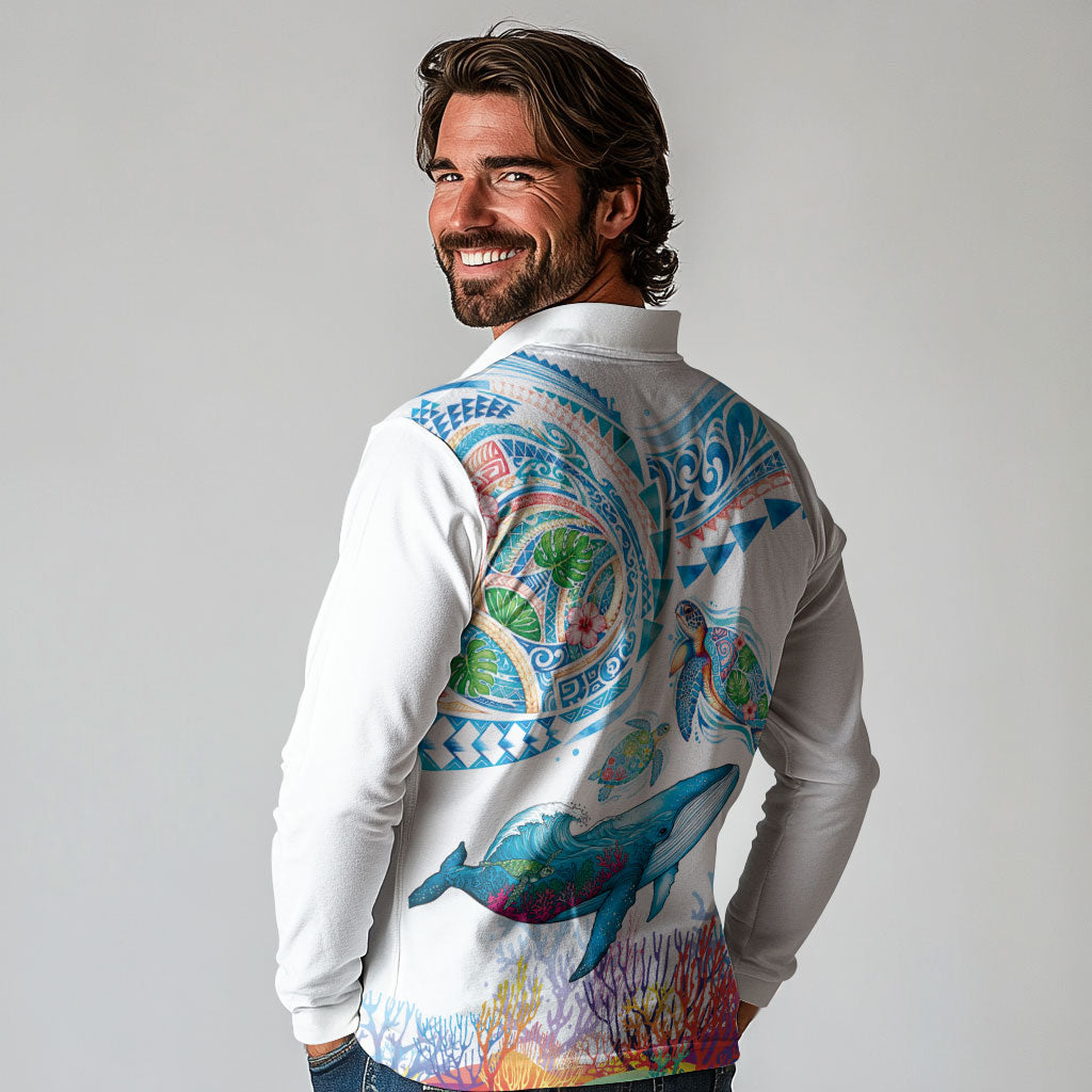 Hawaiian Turtles and Whales Long Sleeve Polo Shirt Polynesian Tropical Tattoo Ocean Style LT03 - Polynesian Pride