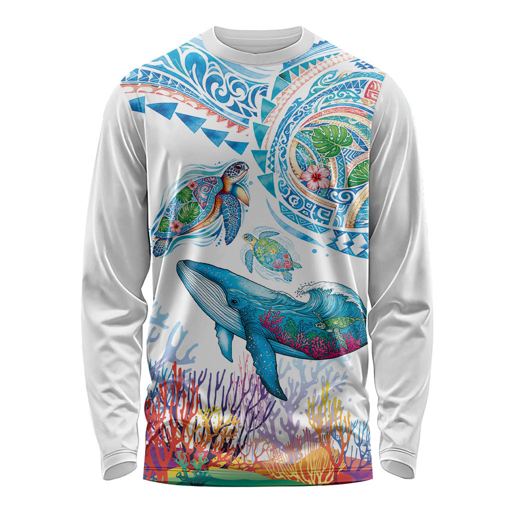 Hawaiian Turtles and Whales Long Sleeve Shirt Polynesian Tropical Tattoo Ocean Style LT03 Unisex Multicolor - Polynesian Pride