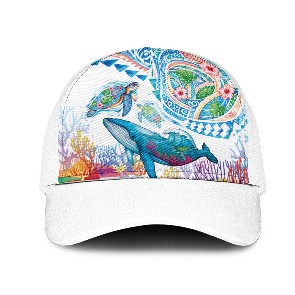 Hawaiian Turtles and Whales Mesh Trucker Cap Polynesian Tropical Tattoo Ocean Style LT03 One Size White Multicolor - Polynesian Pride