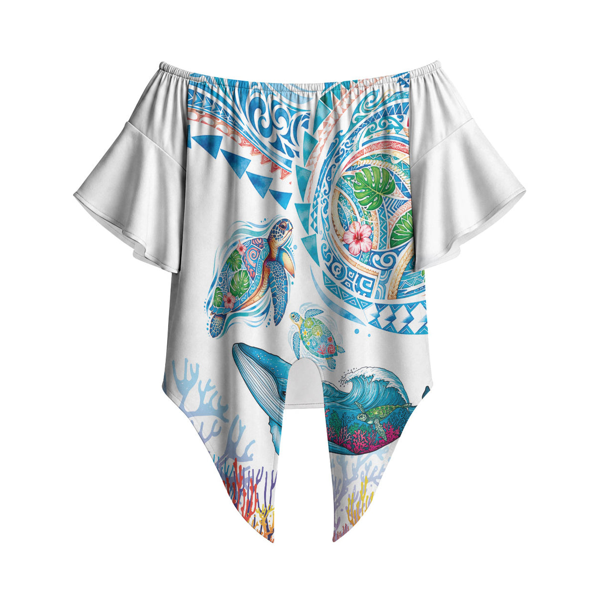 Hawaiian Turtles and Whales Off Shoulder Wrap Waist Top Polynesian Tropical Tattoo Ocean Style LT03 - Polynesian Pride