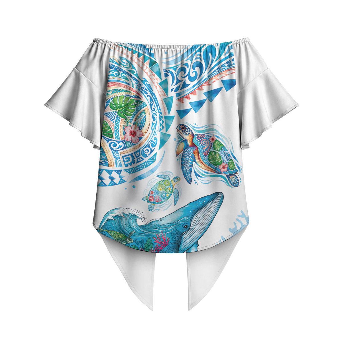 Hawaiian Turtles and Whales Off Shoulder Wrap Waist Top Polynesian Tropical Tattoo Ocean Style LT03 - Polynesian Pride