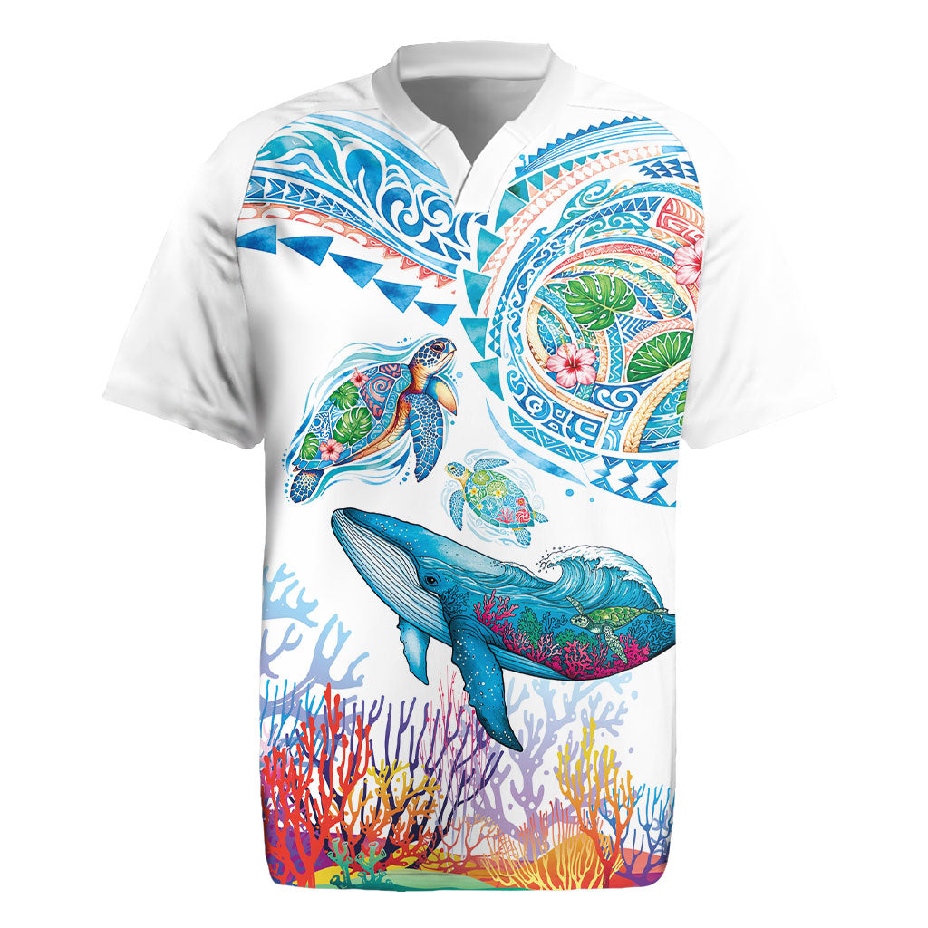 Hawaiian Turtles and Whales Rugby Jersey Polynesian Tropical Tattoo Ocean Style