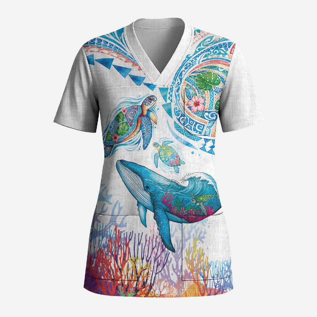 Hawaiian Turtles and Whales Scrub Top Polynesian Tropical Tattoo Ocean Style LT03 Adult Multicolor - Polynesian Pride