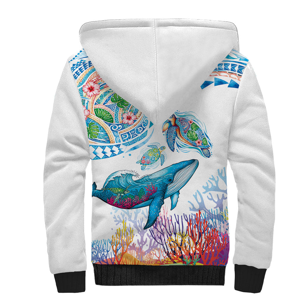 Hawaiian Turtles and Whales Sherpa Hoodie Polynesian Tropical Tattoo Ocean Style LT03 - Polynesian Pride
