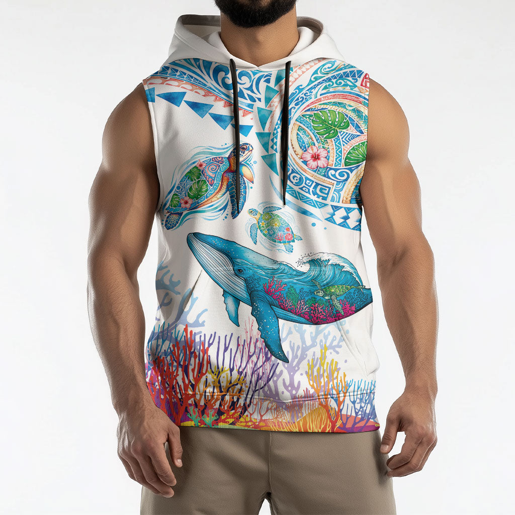 Hawaiian Turtles and Whales Sleeveless Hoodie Polynesian Tropical Tattoo Ocean Style LT03 - Polynesian Pride