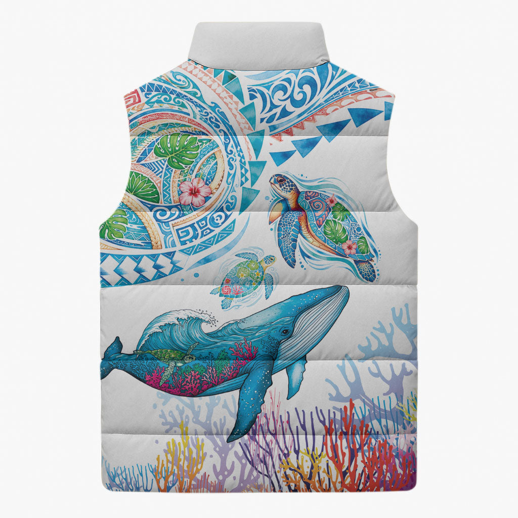 Hawaiian Turtles and Whales Sleeveless Puffer Jacket Polynesian Tropical Tattoo Ocean Style LT03 - Polynesian Pride