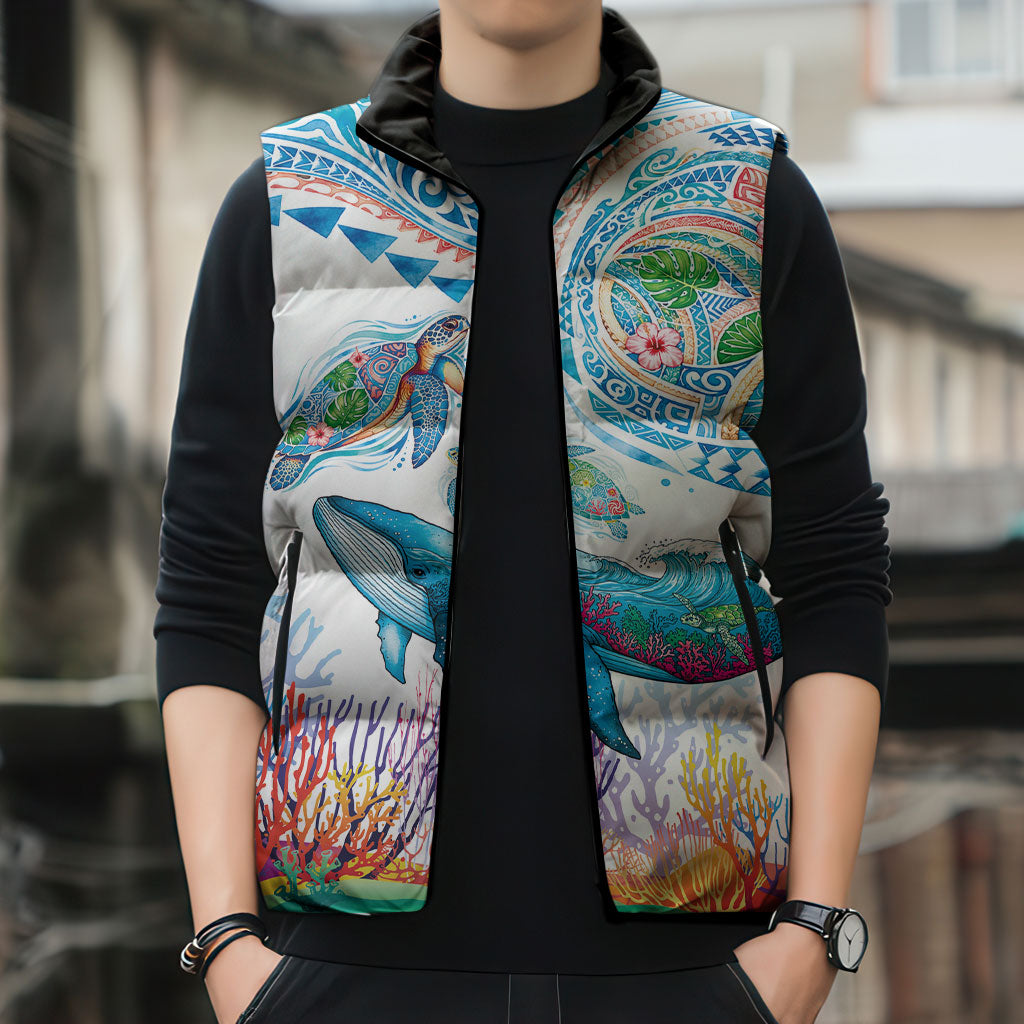 Hawaiian Turtles and Whales Sleeveless Puffer Jacket Polynesian Tropical Tattoo Ocean Style LT03 - Polynesian Pride