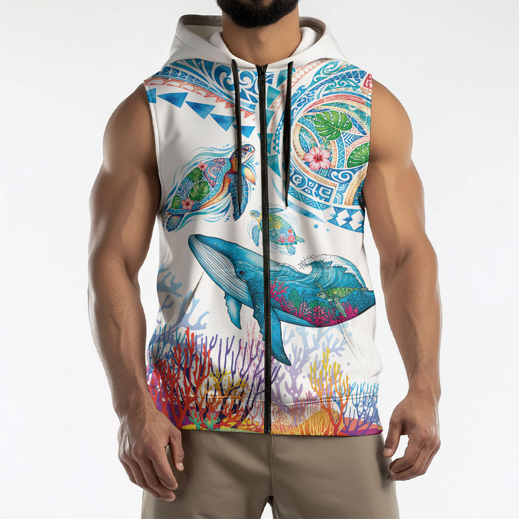 Hawaiian Turtles and Whales Sleeveless Zip Hoodie Polynesian Tropical Tattoo Ocean Style LT03 - Polynesian Pride