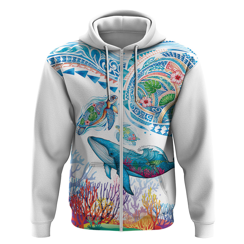 Hawaiian Turtles and Whales Zip Hoodie Polynesian Tropical Tattoo Ocean Style LT03 Zip Hoodie Multicolor - Polynesian Pride