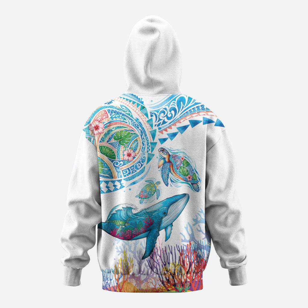 Hawaiian Turtles and Whales Zip Hoodie Polynesian Tropical Tattoo Ocean Style LT03 - Polynesian Pride