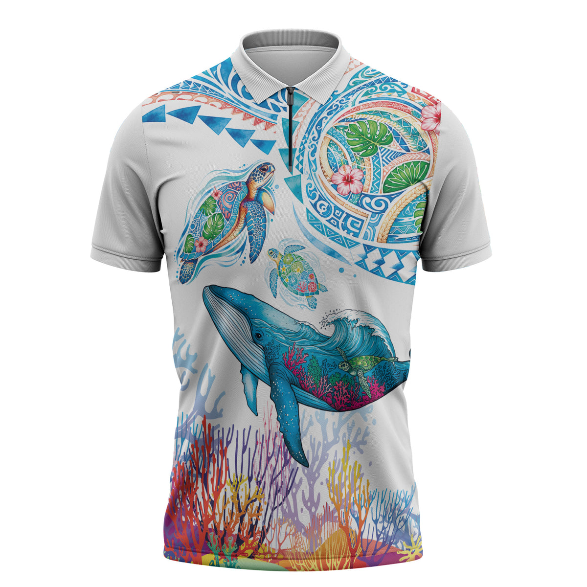 Hawaiian Turtles and Whales Zipper Polo Shirt Polynesian Tropical Tattoo Ocean Style LT03 Multicolor - Polynesian Pride