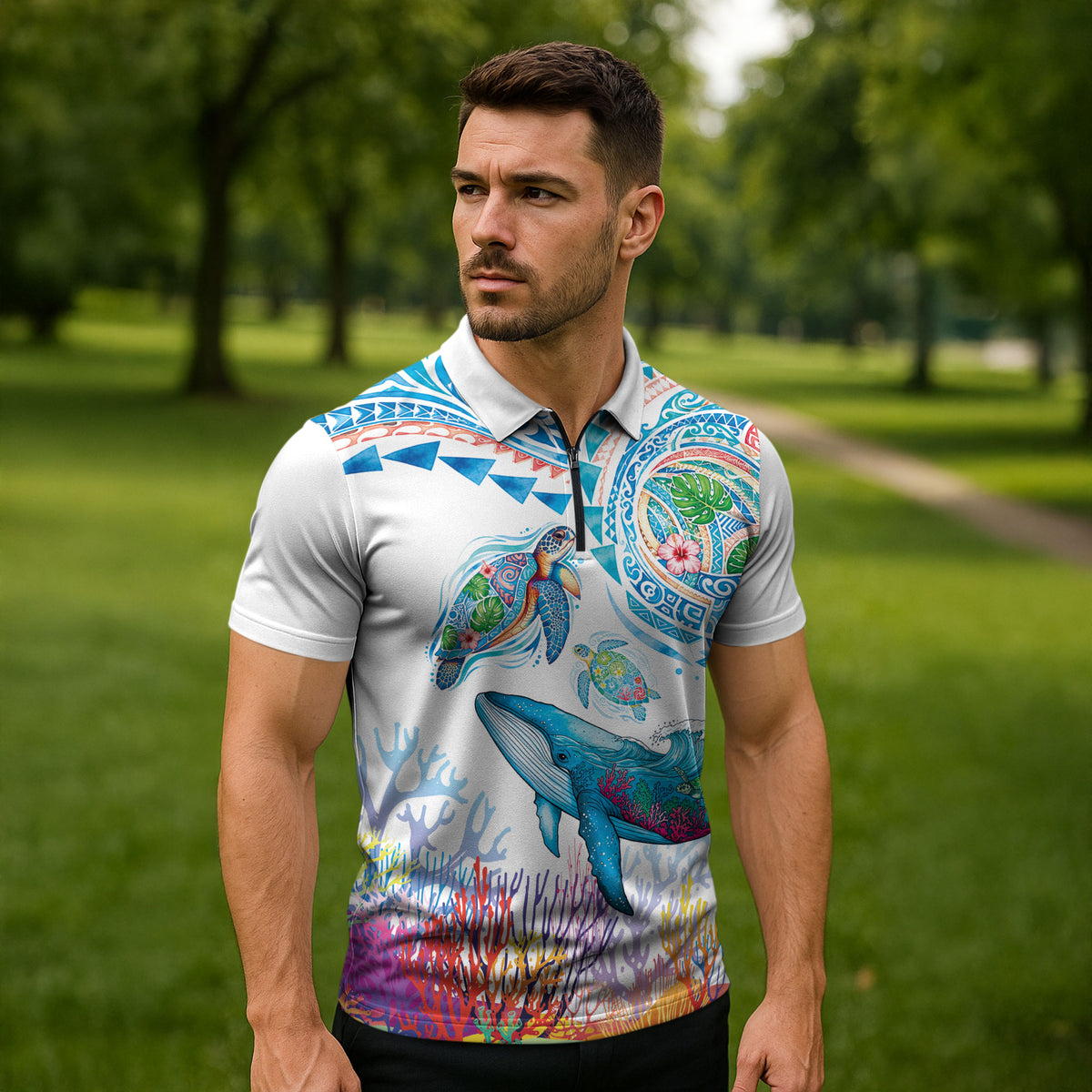 Hawaiian Turtles and Whales Zipper Polo Shirt Polynesian Tropical Tattoo Ocean Style LT03 - Polynesian Pride