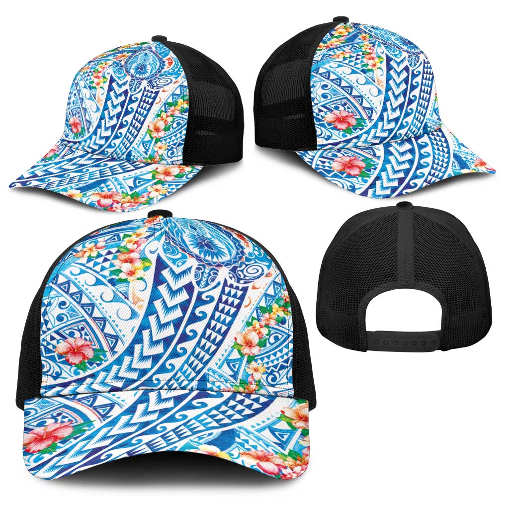 Hawaiian Turtle and Lei Baseball Net Cap Tribal Kakau and Tropical Plants Watercolor Style LT03 - Polynesian Pride