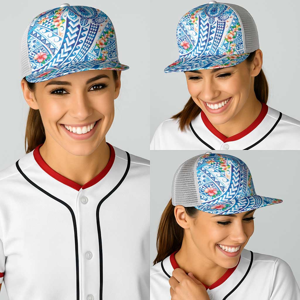 Hawaiian Turtle and Lei Baseball Net Cap Tribal Kakau and Tropical Plants Watercolor Style LT03 - Polynesian Pride
