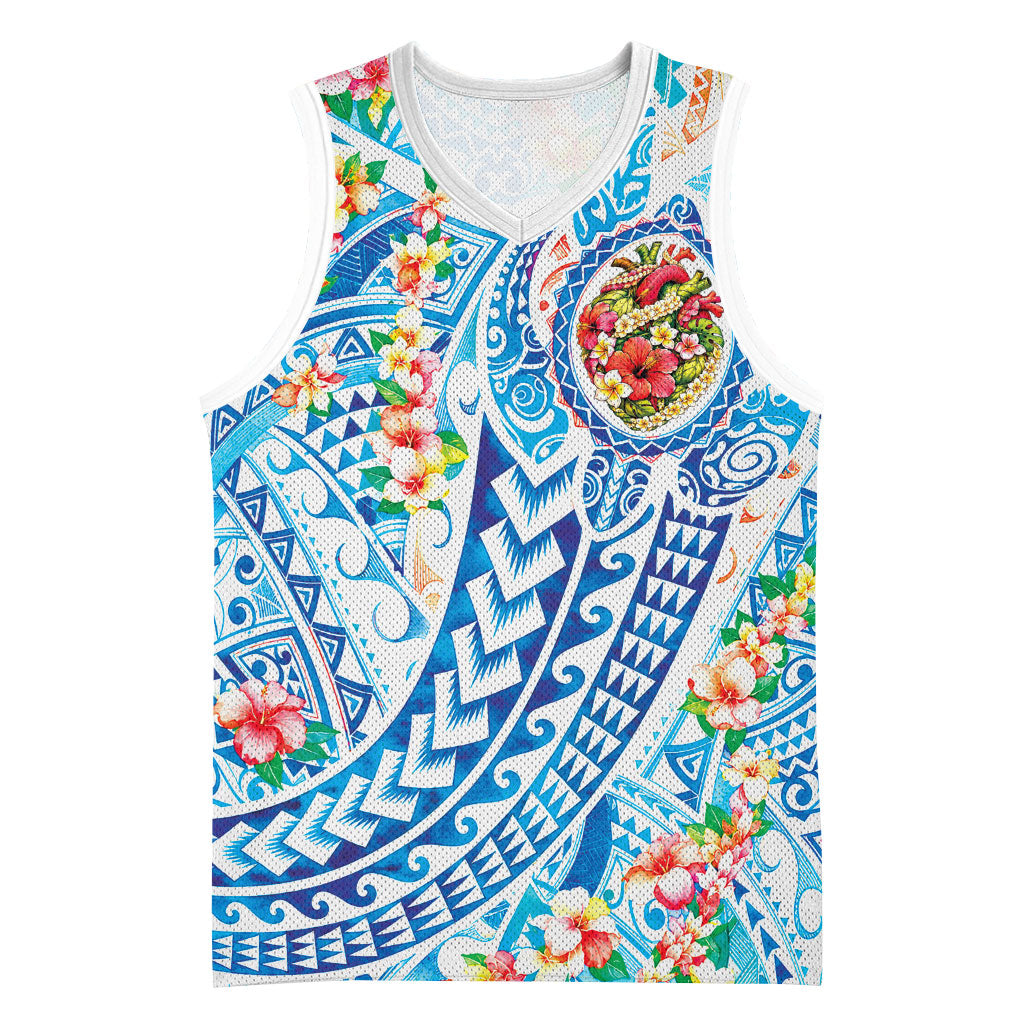 Hawaiian Turtle and Lei Basketball Jersey Tribal Kakau and Tropical Plants Human Heart LT03 Unisex Multicolor - Polynesian Pride