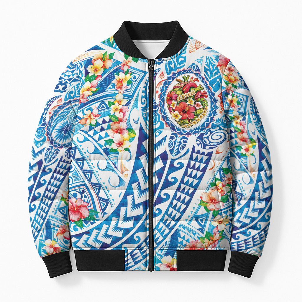 Hawaiian Turtle and Lei Bomber Puffer Jacket Tribal Kakau and Tropical Plants Human Heart LT03 Unisex Multicolor - Polynesian Pride