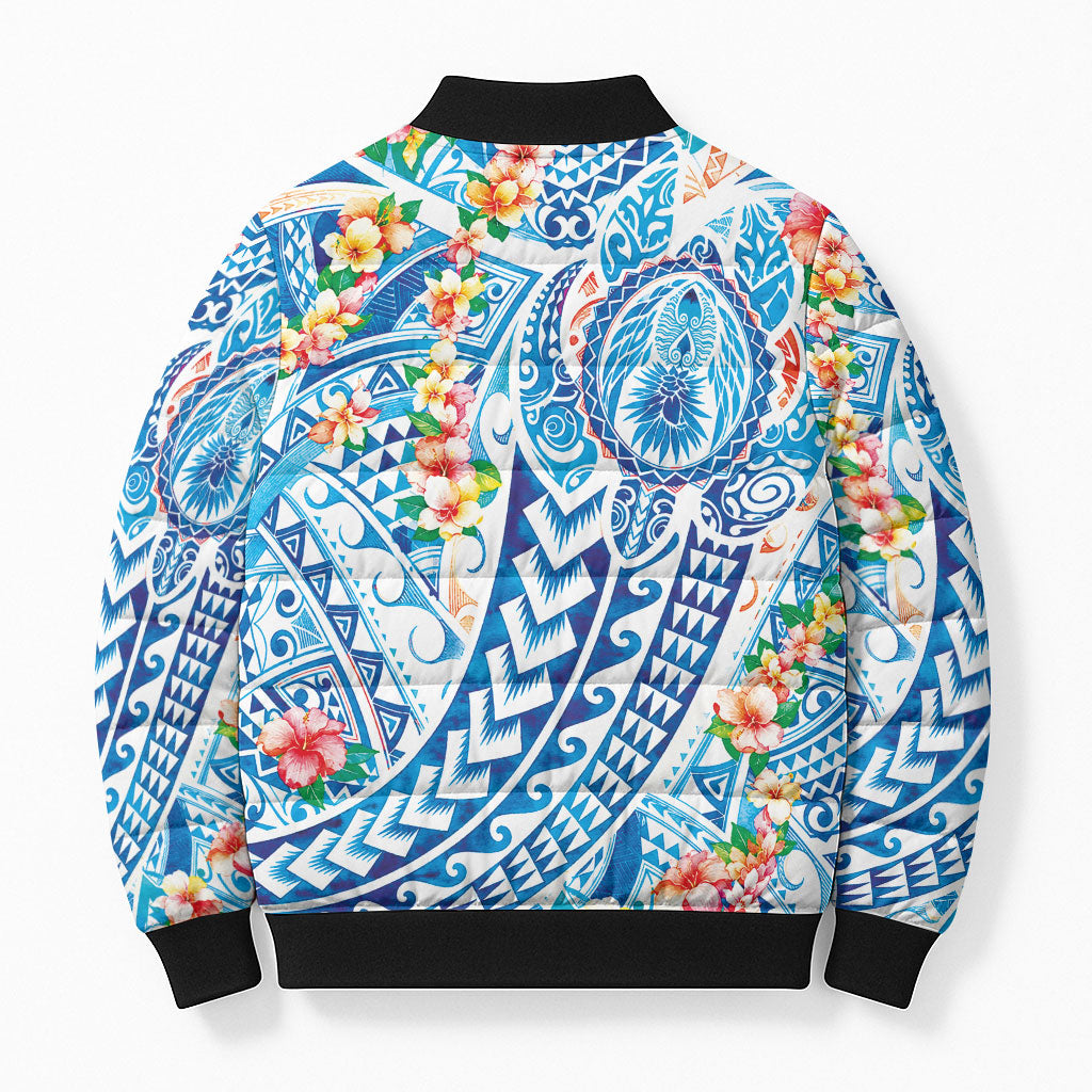 Hawaiian Turtle and Lei Bomber Puffer Jacket Tribal Kakau and Tropical Plants Human Heart LT03 - Polynesian Pride