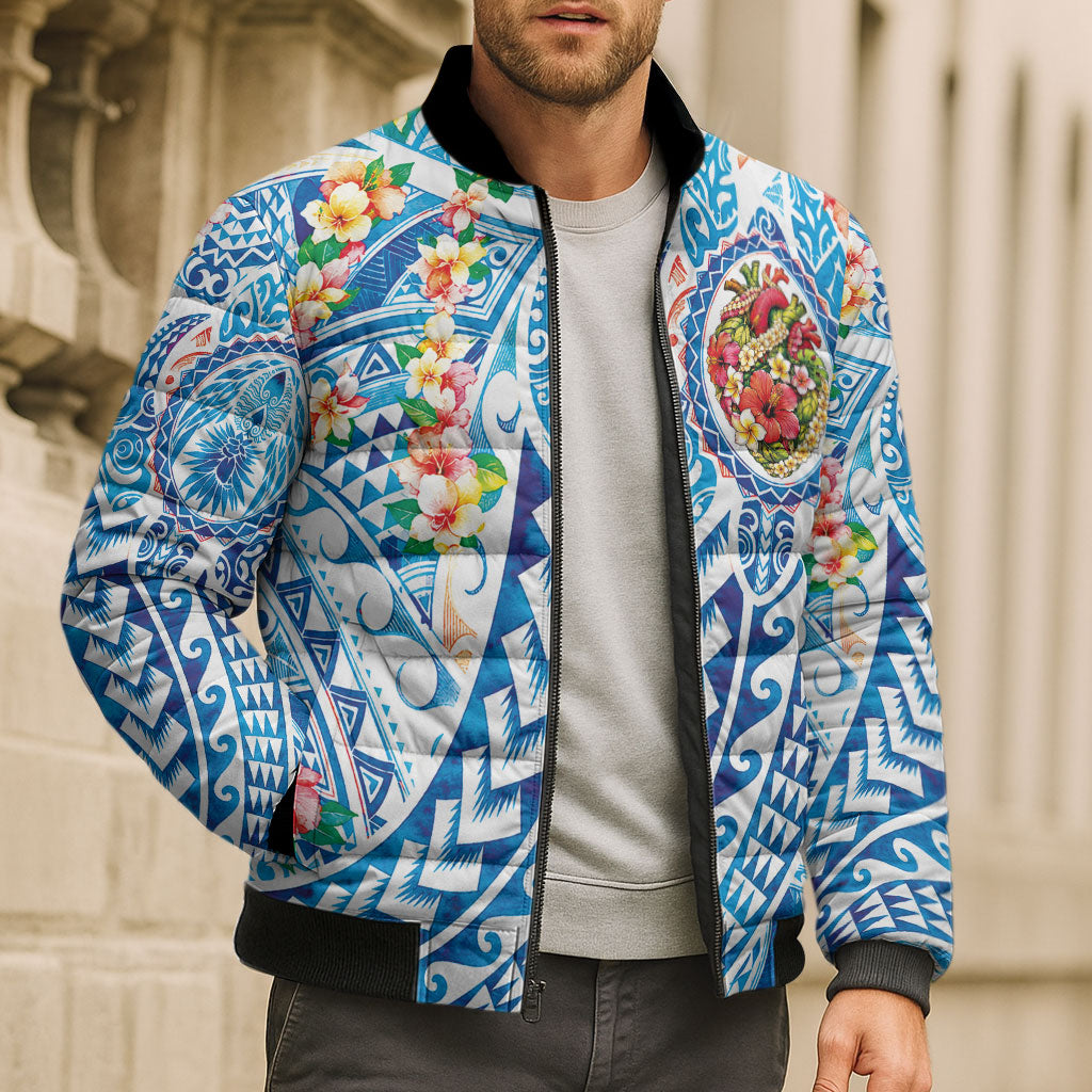 Hawaiian Turtle and Lei Bomber Puffer Jacket Tribal Kakau and Tropical Plants Human Heart LT03 - Polynesian Pride