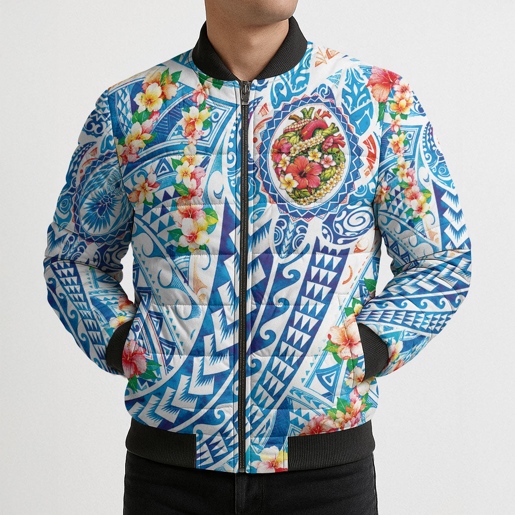Hawaiian Turtle and Lei Bomber Puffer Jacket Tribal Kakau and Tropical Plants Human Heart LT03 - Polynesian Pride