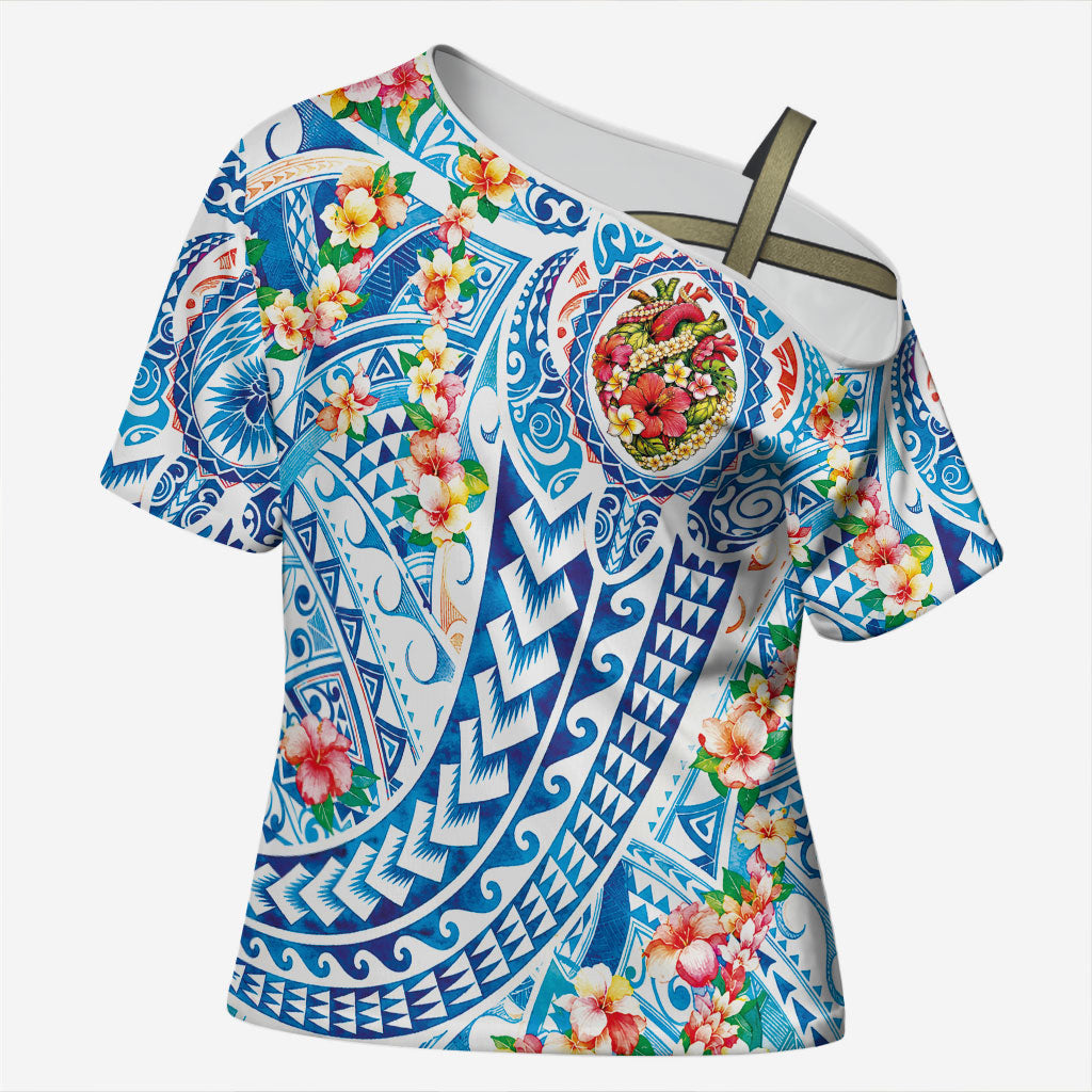Hawaiian Turtle and Lei Cross Shoulder Shirt Tribal Kakau and Tropical Plants Human Heart