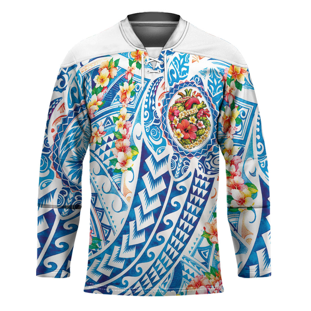 Hawaiian Turtle and Lei Hockey Jersey Tribal Kakau and Tropical Plants Human Heart