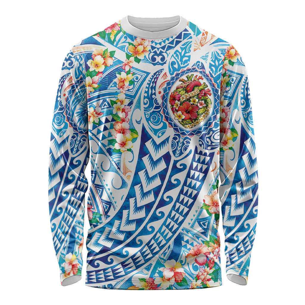 Hawaiian Turtle and Lei Long Sleeve Shirt Tribal Kakau and Tropical Plants Human Heart LT03 Unisex Multicolor - Polynesian Pride