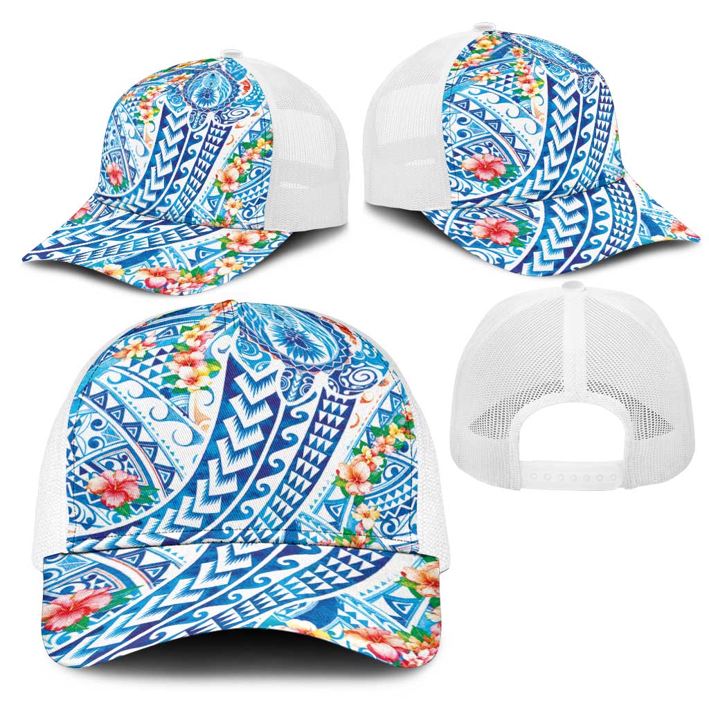 Hawaiian Turtle and Lei Mesh Trucker Cap Tribal Kakau and Tropical Plants Watercolor Style LT03 - Polynesian Pride