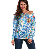 Hawaiian Turtle and Lei Off Shoulder Sweater Tribal Kakau and Tropical Plants Human Heart LT03 Women Multicolor - Polynesian Pride