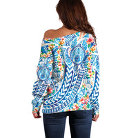 Hawaiian Turtle and Lei Off Shoulder Sweater Tribal Kakau and Tropical Plants Human Heart LT03 - Polynesian Pride