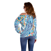 Hawaiian Turtle and Lei Off Shoulder Sweater Tribal Kakau and Tropical Plants Human Heart LT03 - Polynesian Pride