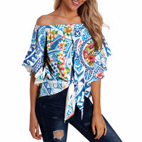 Hawaiian Turtle and Lei Off Shoulder Wrap Waist Top Tribal Kakau and Tropical Plants Human Heart LT03 Multicolor - Polynesian Pride