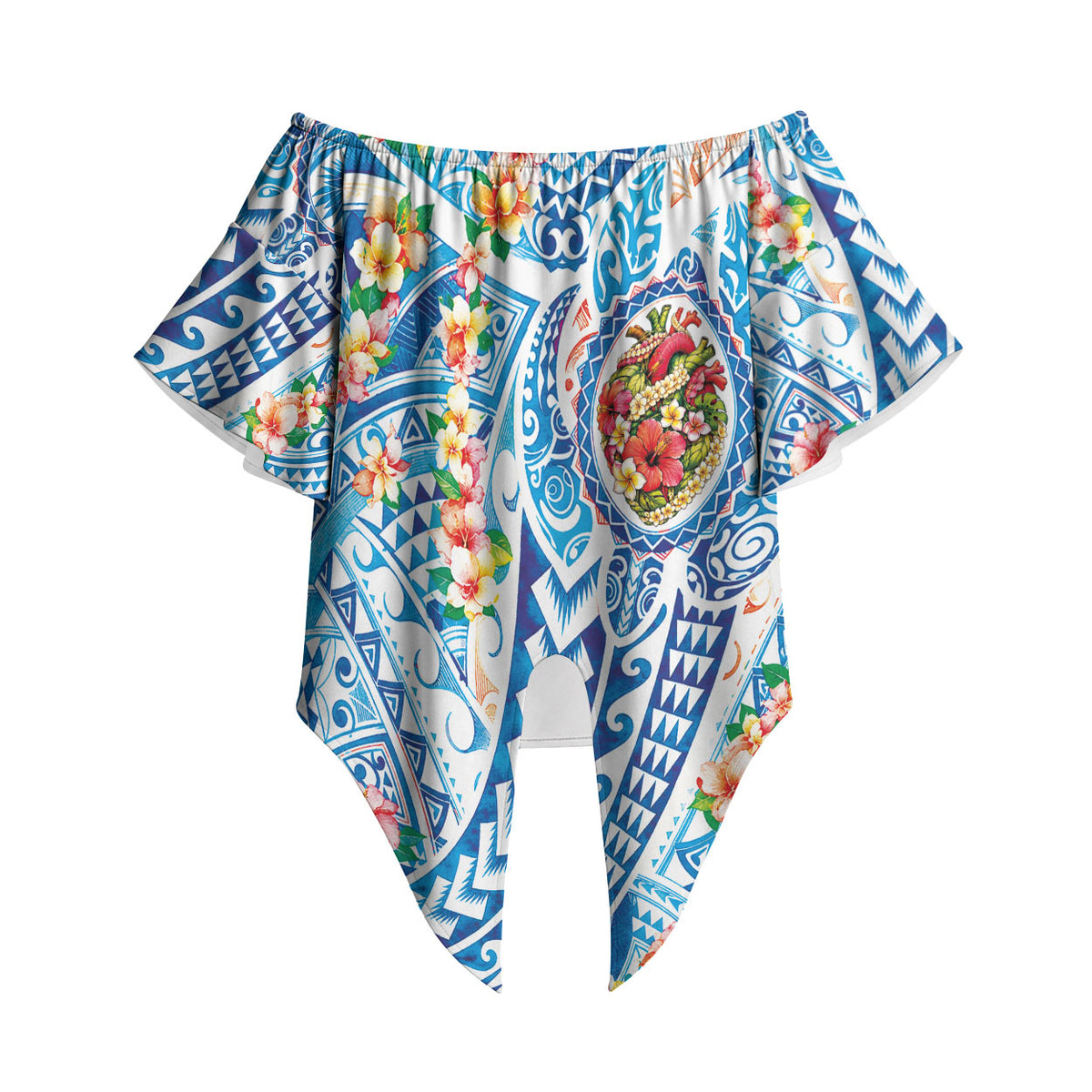 Hawaiian Turtle and Lei Off Shoulder Wrap Waist Top Tribal Kakau and Tropical Plants Human Heart LT03 - Polynesian Pride