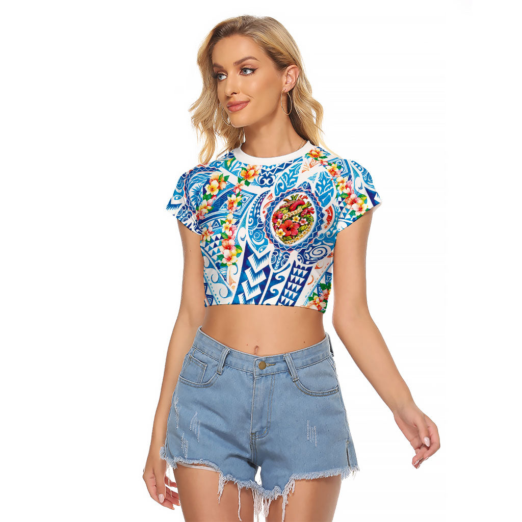 Hawaiian Turtle and Lei Raglan Cropped T Shirt Tribal Kakau and Tropical Plants Human Heart