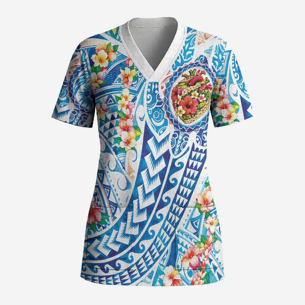 Hawaiian Turtle and Lei Scrub Top Tribal Kakau and Tropical Plants Human Heart