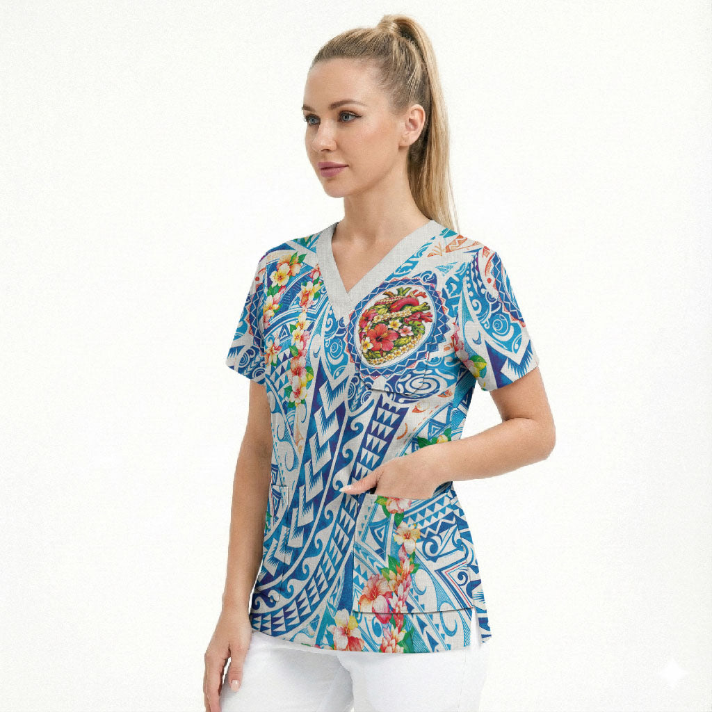 Hawaiian Turtle and Lei Scrub Top Tribal Kakau and Tropical Plants Human Heart LT03 - Polynesian Pride