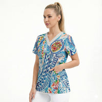 Hawaiian Turtle and Lei Scrub Top Tribal Kakau and Tropical Plants Human Heart LT03 - Polynesian Pride