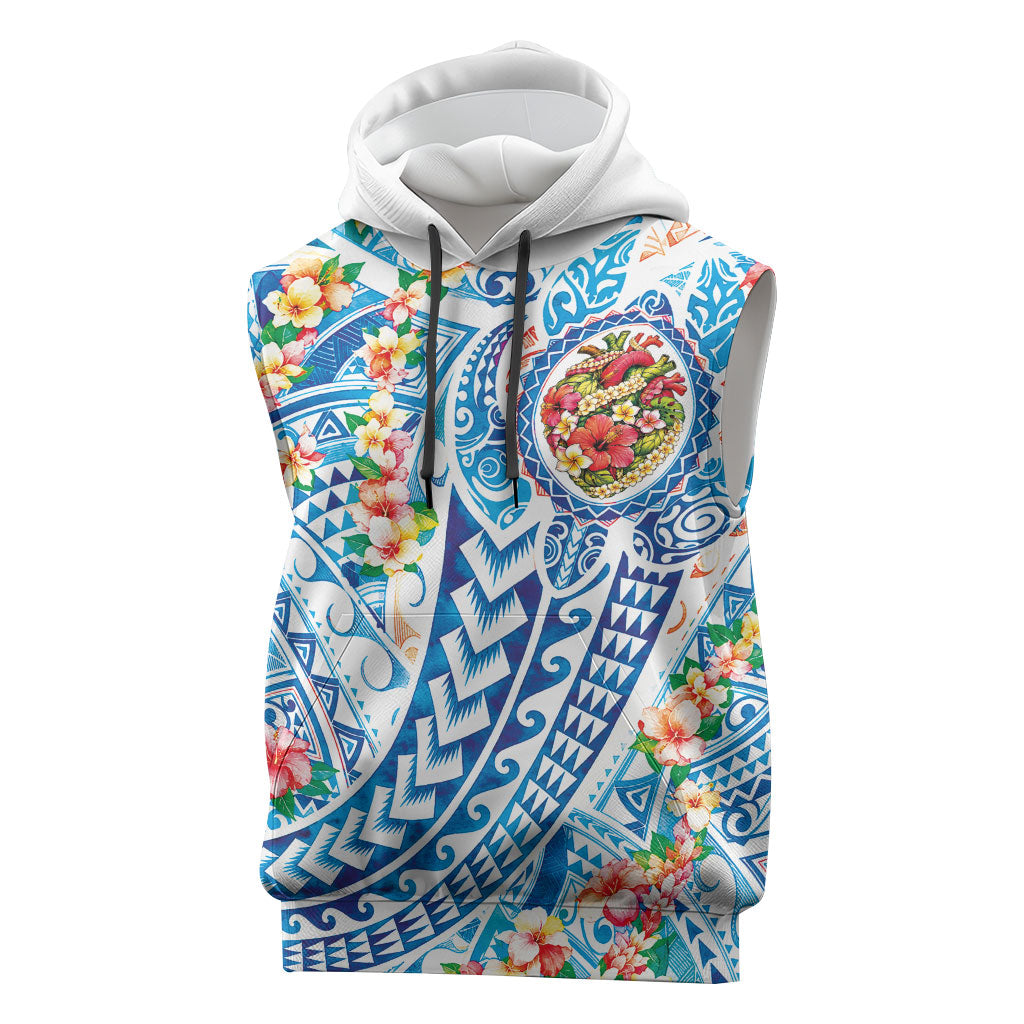 Hawaiian Turtle and Lei Sleeveless Hoodie Tribal Kakau and Tropical Plants Human Heart