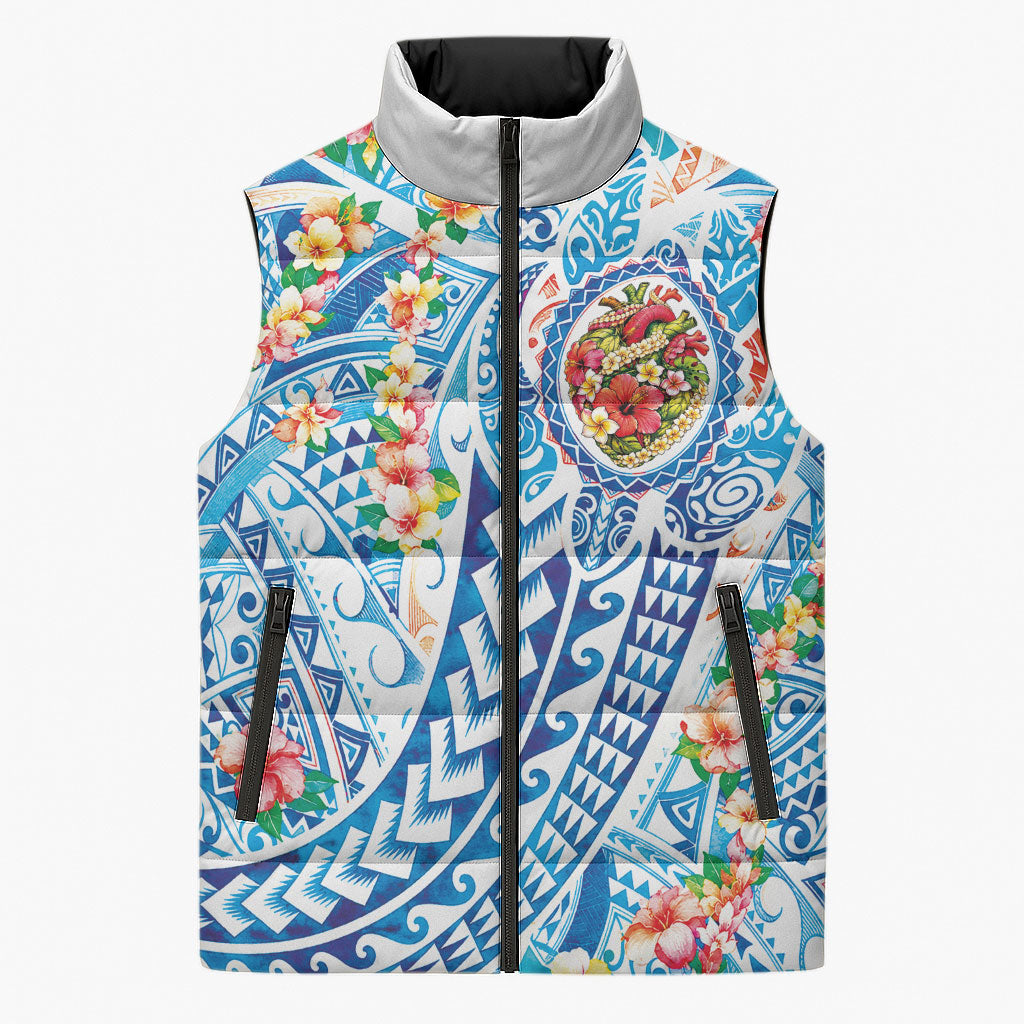 Hawaiian Turtle and Lei Sleeveless Puffer Jacket Tribal Kakau and Tropical Plants Human Heart