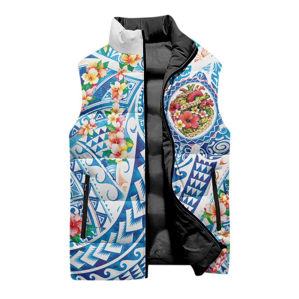 Hawaiian Turtle and Lei Sleeveless Puffer Jacket Tribal Kakau and Tropical Plants Human Heart LT03 - Polynesian Pride