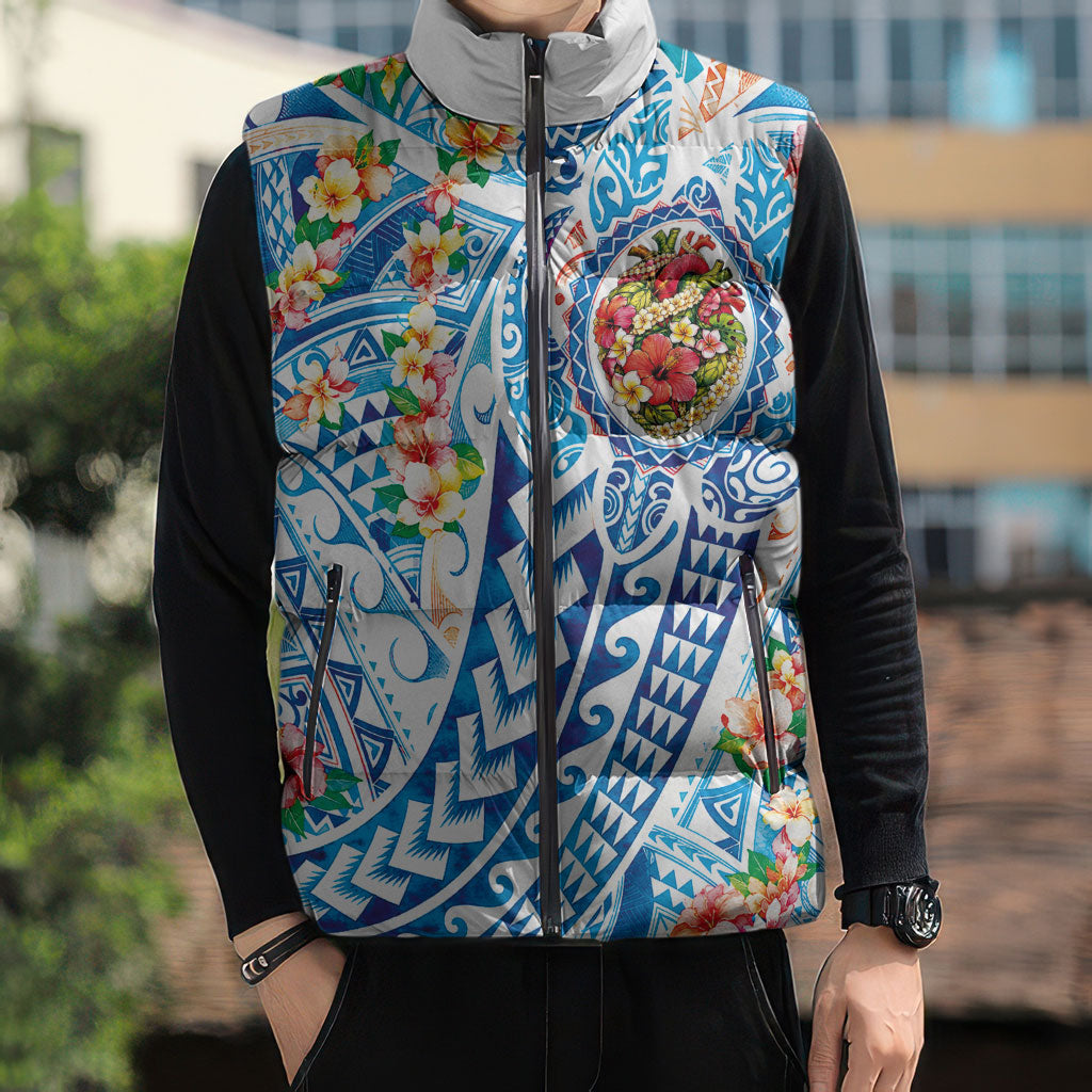 Hawaiian Turtle and Lei Sleeveless Puffer Jacket Tribal Kakau and Tropical Plants Human Heart LT03 - Polynesian Pride